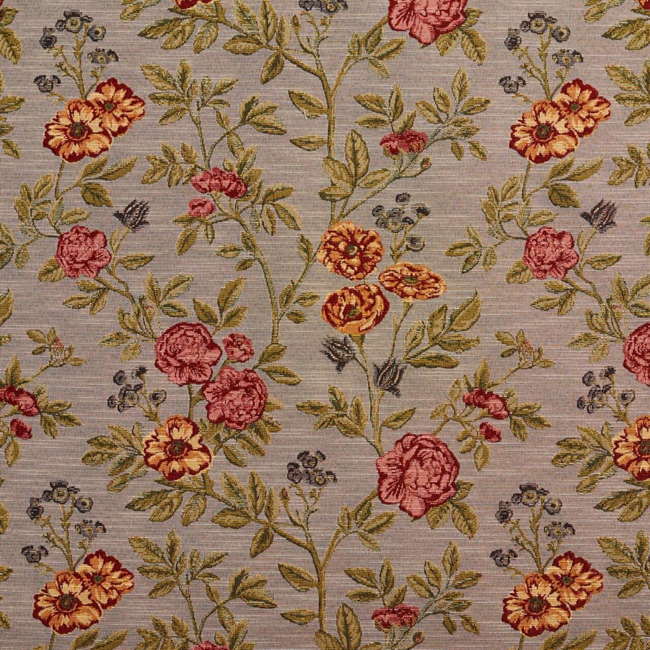 Blue Pink Orange Floral Tapestry Woven Pattern Upholstery Fabric by The Yard - SKU: Faye Heather